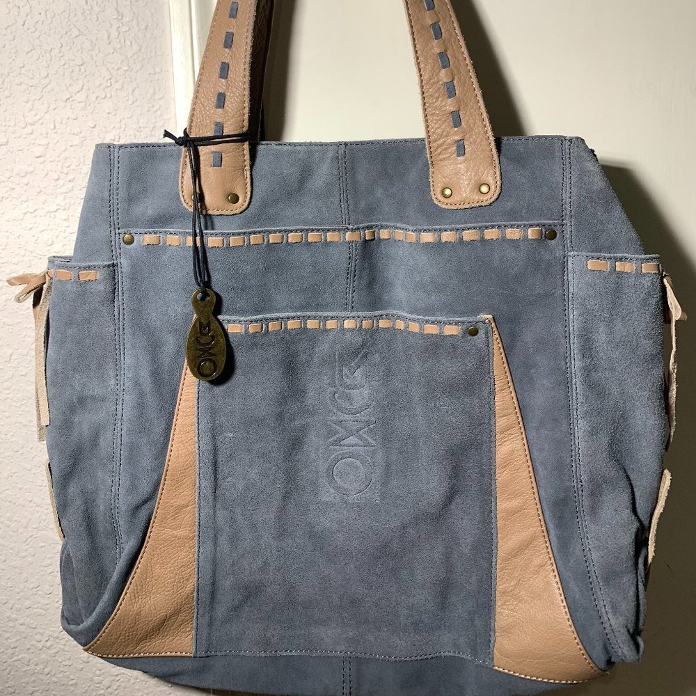 MUXO by Camila Alves Blue Gray Suede and Leather Tote
